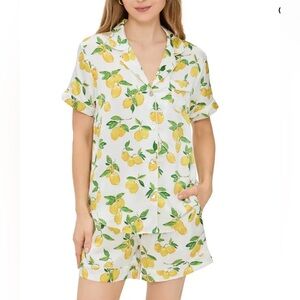 Petite Plume Amalfi Lemons 100% Mul-berry Silk Short Pajama PJ Set Size S
